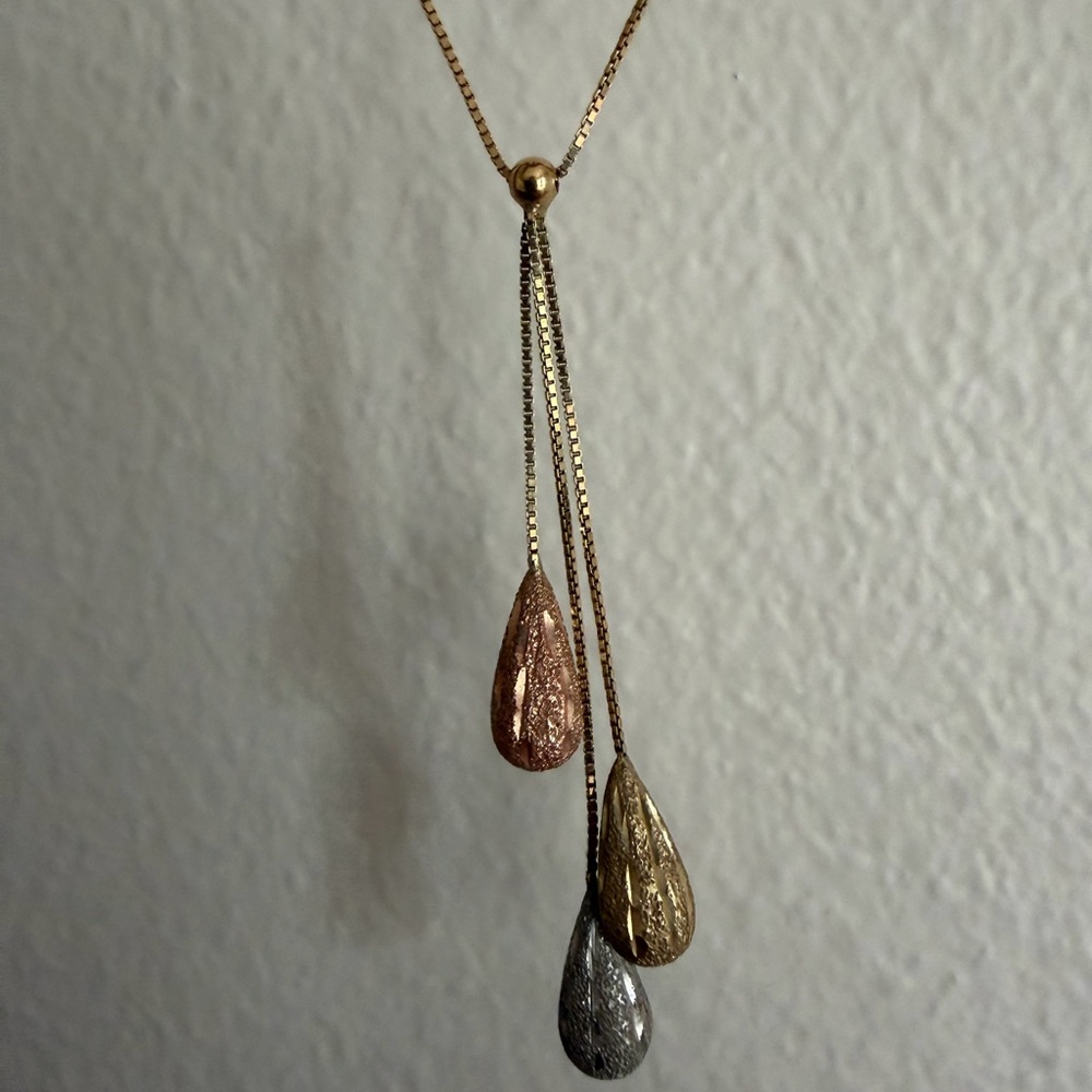 Gold-Tone Tri-Drop Pendant Necklace with Rose, Gold and Silver Teardrops